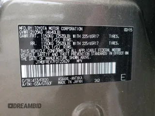 2015 Toyota RAV4 LE with VIN JTMBFREV7FD122629, listed as a Copart auction lot 61292175 with Not provided miles and Salvage title. Bid and sale history available at DreamBid. Image 14.