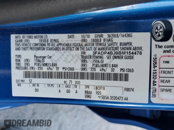 2011 Ford Fiesta SE z VIN 3FADP4BJ9BM154478, wystawiony jako Copart lot #48257645 z przebiegiem 109 717 mil mil oraz Szkoda całkowita • Salvage title. Historia ofert i sprzedaży dostępna na DreamBid. Obrazek 14.