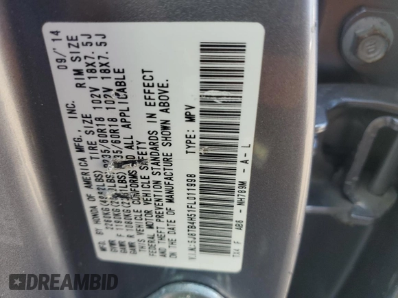 2015 Acura RDX Tech Pkg with VIN 5J8TB4H51FL011998, listed as a Copart auction lot 49601635 with 68,374 mi miles and Salvage Title. Bid and sale history available at carsss.com. Image 15.
