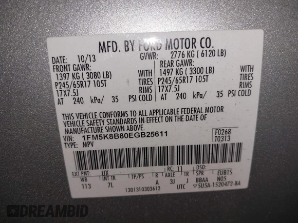 2014 Ford Explorer with VIN 1FM5K8B80EGB25611, listed as a IAAI auction lot 41339995 with 204,222 mi miles and . Bid and sale history available at carsss.com. Image 9.