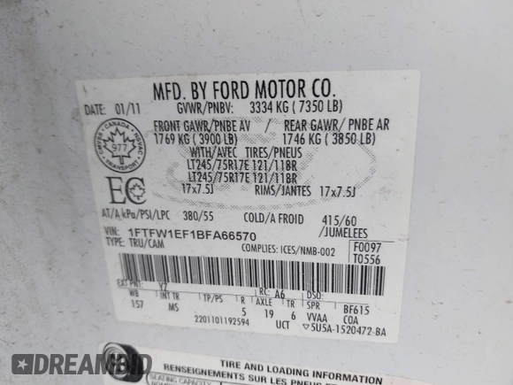 2011 Ford F-150 XL with VIN 1FTFW1EF1BFA66570, listed as a IAAI auction lot 40782071 with 155,516 mi miles and . Bid and sale history available at DreamBid. Image 9.