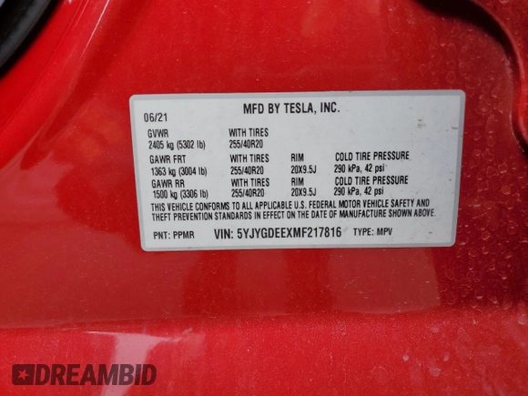 2021 Tesla Model Y Long Range with VIN 5YJYGDEEXMF217816, listed as a Copart auction lot 51008665 with 57,392 mi miles and Salvage Title. Bid and sale history available at DreamBid. Image 13.