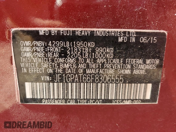 2015 Subaru Impreza Special Sports Premium with VIN JF1GPAT66F8306555, listed as a Copart auction lot 48502095 with 135,446 mi miles and Salvage title. Bid and sale history available at DreamBid. Image 12.