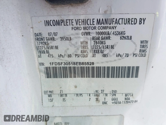 2008 Ford F-350 with VIN 1FDSF30518EB85528, listed as a IAAI auction lot 42470231 with 209,284 mi miles and . Bid and sale history available at DreamBid. Image 9.