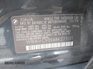 2008 BMW 3 Series 328xi with VIN WBAVC93548KZ73131, listed as a IAAI auction lot 42052857 with 118,077 mi miles. Bid and sale history available at carsss.com. Image 9.