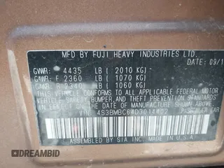 2013 Subaru Legacy Premium with VIN 4S3BMBC64D3014402, listed as a IAAI auction lot 41920146 with Not Provided miles and . Bid and sale history available at DreamBid. Image 9.