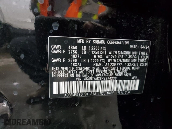 2024 Subaru Outback Limited с VIN 4S4BTAMC6R3274238, выставлен на аукционе Copart как лот 54422445 с пробегом 8 272 миль миль и Списание • Salvage title. История ставок и продаж доступна на DreamBid. Изображение 14.