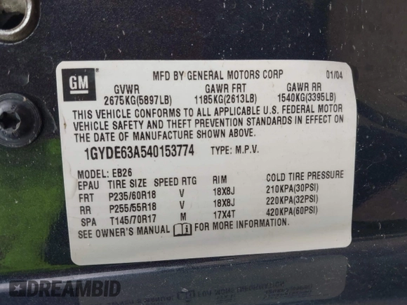 2004 Cadillac SRX with VIN 1GYDE63A540153774, listed as a IAAI auction lot 41500070 with 144,718 mi miles. Bid and sale history available at carsss.com. Image 9.