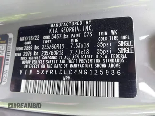 2022 Kia Sorento X-Line S with VIN 5XYRLDLC4NG125936, listed as a IAAI auction lot 41217535 with 32,988 mi miles. Bid and sale history available at carsss.com. Image 9.