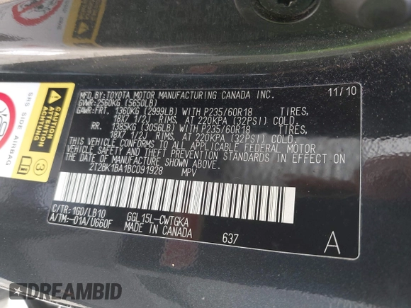 2011 Lexus RX 350 with VIN 2T2BK1BA1BC091928, listed as a IAAI auction lot 42021315 with 132,503 mi miles and . Bid and sale history available at DreamBid. Image 9.