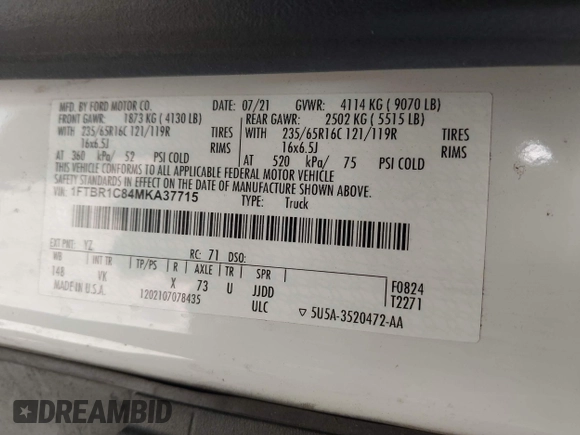 2021 Ford Transit Cargo с VIN 1FTBR1C84MKA37715, выставлен на аукционе IAAI как лот 41912160 с пробегом 185 240 миль миль и . История ставок и продаж доступна на DreamBid. Изображение 9.