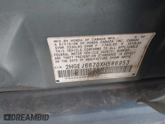 1999 Honda Civic LX z VIN 2HGEJ6670XH566953, wystawiony jako IAAI lot #42390891 z przebiegiem 290 417 mil mil oraz . Historia ofert i sprzedaży dostępna na DreamBid. Obrazek 9.