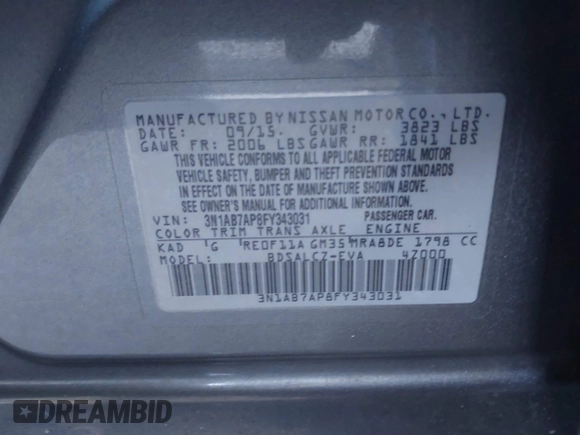 2015 Nissan Sentra SV with VIN 3N1AB7AP8FY343031, listed as a IAAI auction lot 41397415 with 161,620 mi miles. Bid and sale history available at carsss.com. Image 9.