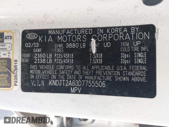 2013 Kia Soul + with VIN KNDJT2A63D7755506, listed as a IAAI auction lot 41852233 with 44,633 mi miles and . Bid and sale history available at DreamBid. Image 9.