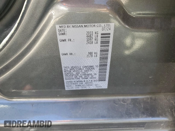 2024 Nissan Altima 2.5 SR with VIN 1N4BL4CW9RN437430, listed as a Copart auction lot 88291515 with 3,655 mi miles and Salvage Title. Bid and sale history available at carsss.com. Image 12.
