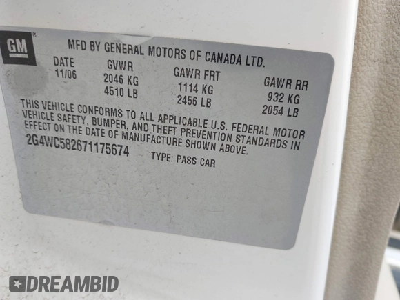 2007 Buick LaCrosse CX with VIN 2G4WC582671175674, listed as a IAAI auction lot 41931600 with 192,836 mi miles and . Bid and sale history available at DreamBid. Image 9.