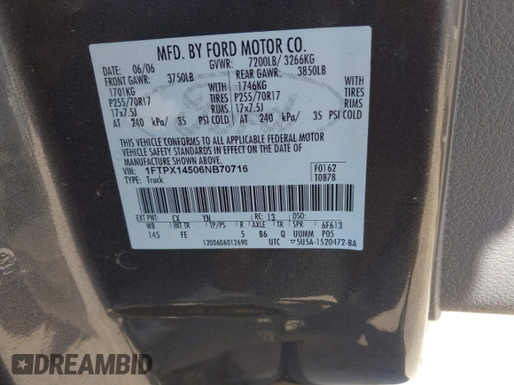 2006 Ford F-150 XLT with VIN 1FTPX14506NB70716, listed as a IAAI auction lot 42221240 with 109,514 mi miles and . Bid and sale history available at DreamBid. Image 9.