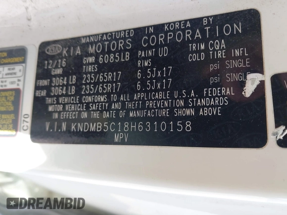 2017 Kia Sedona LX with VIN KNDMB5C18H6310158, listed as a IAAI auction lot 41808613 with 169,383 mi miles. Bid and sale history available at carsss.com. Image 9.