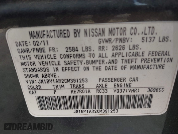 2012 Infiniti M37 with VIN JN1BY1AR2CM391253, listed as a IAAI auction lot 41916069 with 248,141 mi miles. Bid and sale history available at carsss.com. Image 9.