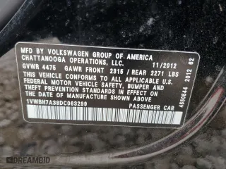 2013 Volkswagen Passat SE w/Sunroof with VIN 1VWBH7A38DC063299, listed as a Copart auction lot 87949495 with 0 mi miles and Salvage Title. Bid and sale history available at carsss.com. Image 14.