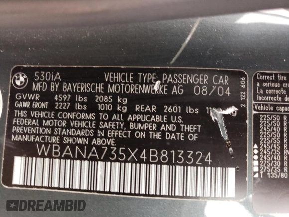 2004 BMW 5 Series 530i with VIN WBANA735X4B813324, listed as a Copart auction lot 88777275 with 142,990 mi miles and Salvage Title. Bid and sale history available at DreamBid. Image 14.
