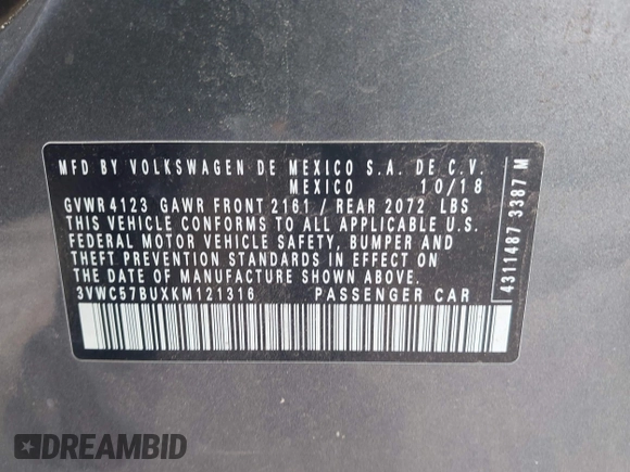 2019 Volkswagen Jetta S z VIN 3VWC57BUXKM121316, wystawiony jako IAAI lot #42290107 z przebiegiem 117 371 mil mil oraz . Historia ofert i sprzedaży dostępna na DreamBid. Obrazek 9.
