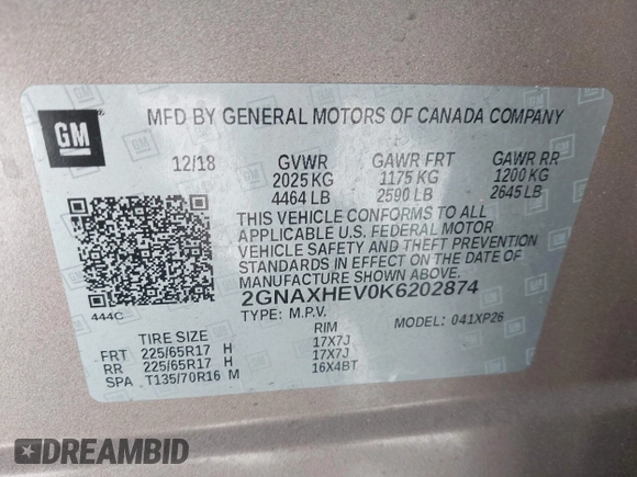 2019 Chevrolet Equinox LS with VIN 2GNAXHEV0K6202874, listed as a IAAI auction lot 41923435 with 75,453 mi miles and . Bid and sale history available at carsss.com. Image 9.