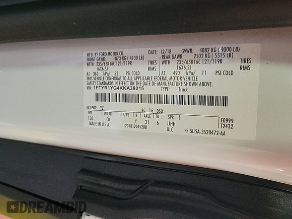 2019 Ford Transit с VIN 1FTYR1YG4KKA38015, выставлен на аукционе IAAI как лот 42723323 с пробегом 117 119 миль миль и . История ставок и продаж доступна на DreamBid. Изображение 18.