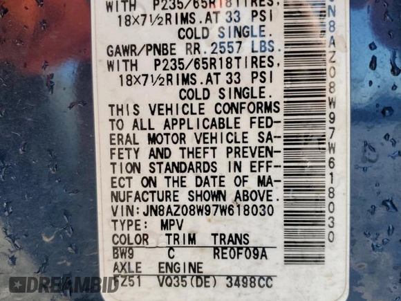 2007 Nissan Murano SL with VIN JN8AZ08W97W618030, listed as a Copart auction lot 41556114 with 131,182 mi miles and Clean Title. Bid and sale history available at DreamBid. Image 14.