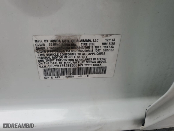 2014 Honda Ridgeline SE with VIN 5FPYK1F64EB006169, listed as a Copart auction lot 50618645 with 92,638 mi miles and Salvage Title. Bid and sale history available at carsss.com. Image 13.