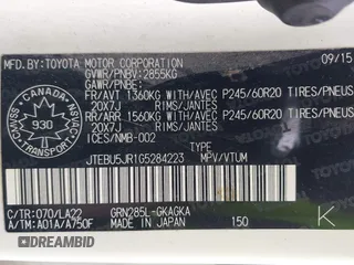 2016 Toyota 4Runner Limited with VIN JTEBU5JR1G5284223, listed as a IAAI auction lot 41904840 with 208,600 mi miles and . Bid and sale history available at DreamBid. Image 9.
