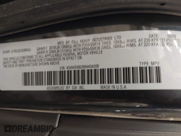 2009 Subaru Tribeca Limited z VIN 4S4WX98D894404506, wystawiony jako IAAI lot #41065924 z przebiegiem 198 502 mil mil oraz . Historia ofert i sprzedaży dostępna na DreamBid. Obrazek 9.