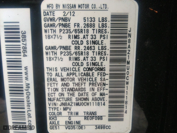 2012 Nissan Murano S with VIN JN8AZ1MU0CW111814, listed as a IAAI auction lot 41136966 with 205,809 mi miles. Bid and sale history available at carsss.com. Image 9.