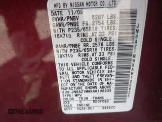 2010 Nissan Murano SL with VIN JN8AZ1MWXAW108935, listed as a IAAI auction lot 42150686 with 163,590 mi miles. Bid and sale history available at carsss.com. Image 9.