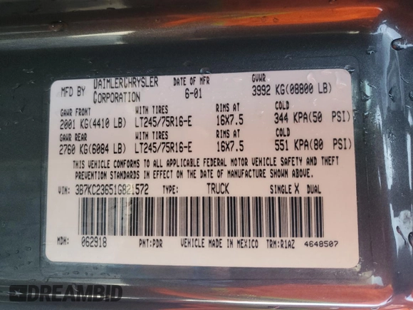 2001 Dodge 2500 with VIN 3B7KC23651G821572, listed as a Copart auction lot 55427785 with Not provided miles and Salvage title. Bid and sale history available at DreamBid. Image 13.