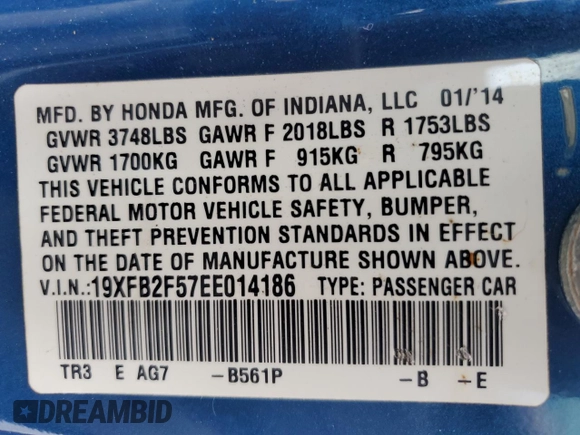 2014 Honda Civic Sedan LX with VIN 19XFB2F57EE014186, listed as a Copart auction lot 52188865 with 190,141 mi miles and Salvage Title. Bid and sale history available at carsss.com. Image 13.