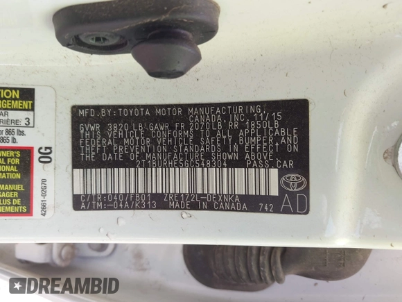2016 Toyota Corolla L with VIN 2T1BURHE5GC548304, listed as a IAAI auction lot 42072708 with 118,227 mi miles and . Bid and sale history available at DreamBid. Image 9.