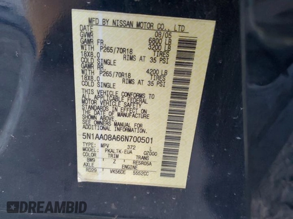 2006 Nissan Armada LE с VIN 5N1AA08A66N700501, выставлен на аукционе Copart как лот 71950714 с пробегом 127 889 миль миль и Списание • Salvage title. История ставок и продаж доступна на DreamBid. Изображение 14.