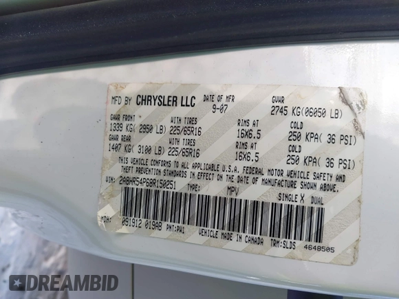 2008 Chrysler Town & Country Touring with VIN 2A8HR54P68R150251, listed as a IAAI auction lot 41351508 with Not provided miles and . Bid and sale history available at DreamBid. Image 9.