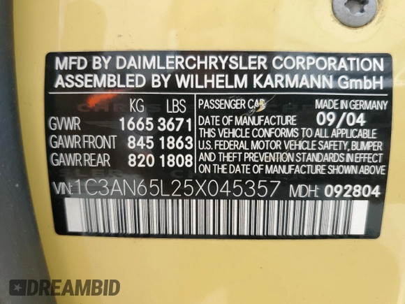 2005 Chrysler Crossfire Limited z VIN 1C3AN65L25X045357, wystawiony jako Copart lot #57453145 z przebiegiem 153 164 mil mil oraz Szkoda całkowita • Salvage title. Historia ofert i sprzedaży dostępna na DreamBid. Obrazek 12.