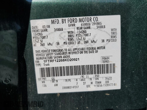 2008 Ford F-150 XL with VIN 1FTRF12268KD20921, listed as a Copart auction lot 60907335 with 161,459 mi miles and Clean title. Bid and sale history available at DreamBid. Image 12.