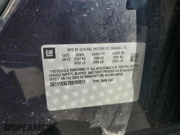 2014 Chevrolet Impala LT with VIN 2G1115SL7E9169511, listed as a Copart auction lot 50322285 with 220,141 mi miles and Salvage Title. Bid and sale history available at DreamBid. Image 14.