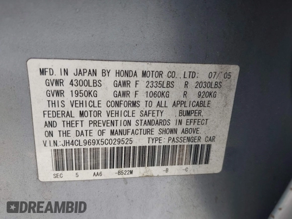 2005 Acura TSX with VIN JH4CL969X5C029525, listed as a IAAI auction lot 42074878 with 165,106 mi miles and . Bid and sale history available at DreamBid. Image 9.