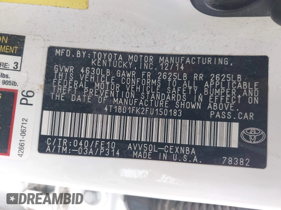 2015 Toyota Camry LE z VIN 4T1BD1FK2FU150183, wystawiony jako IAAI lot #42159960 z przebiegiem 156 694 mil mil oraz . Historia ofert i sprzedaży dostępna na DreamBid. Obrazek 9.