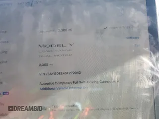 2025 Tesla Model Y Long Range with VIN 7SAYGDEE4SF272942, listed as a Copart auction lot 45817885 with 2,308 mi miles and Salvage Title. Bid and sale history available at DreamBid. Image 9.