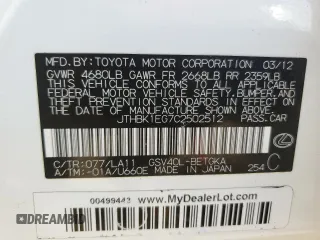 2012 Lexus ES with VIN JTHBK1EG7C2502512, listed as a Copart auction lot 50275875 with 182,959 mi miles and Clean Title. Bid and sale history available at carsss.com. Image 12.