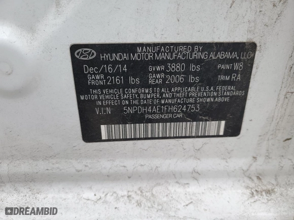 2015 Hyundai Elantra Limited with VIN 5NPDH4AE1FH624753, listed as a Copart auction lot 85233594 with 83,107 mi miles and Salvage Title. Bid and sale history available at carsss.com. Image 12.