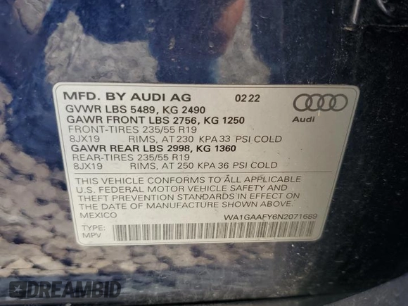 2022 Audi Q5 S line Premium with VIN WA1GAAFY6N2071689, listed as a Copart auction lot 59636025 with 19,969 mi miles and Salvage title. Bid and sale history available at DreamBid. Image 13.
