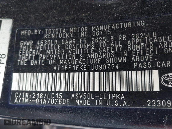 2015 Toyota Camry XLE with VIN 4T1BF1FK9FU098724, listed as a IAAI auction lot 42190809 with 181,605 mi miles and . Bid and sale history available at DreamBid. Image 9.