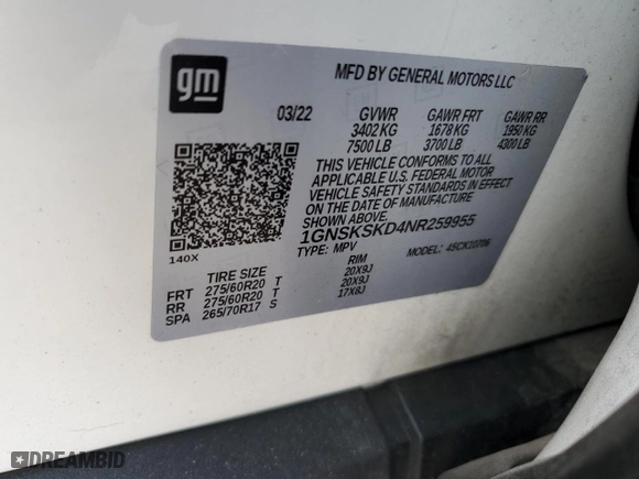 2022 Chevrolet Tahoe Premier with VIN 1GNSKSKD4NR259955, listed as a Copart auction lot 67458224 with 25,050 mi miles and Salvage Title. Bid and sale history available at carsss.com. Image 12.